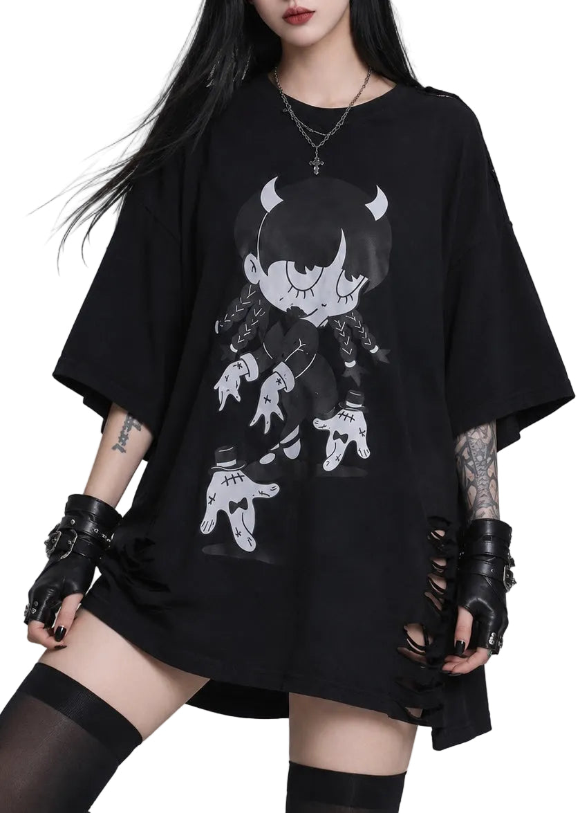 DARK DEMON GIRL PRINT OVERSIZE T-SHIRT / LG1632