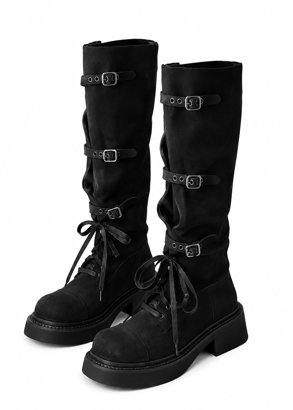 MULTI BUCKLE LACE-UP PLATFORM LONG BOOTS / V1191