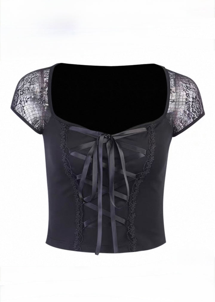 DARK LACE-UP TOP &amp; ASYMMETRIC PLAID SKIRT SET / LG1685