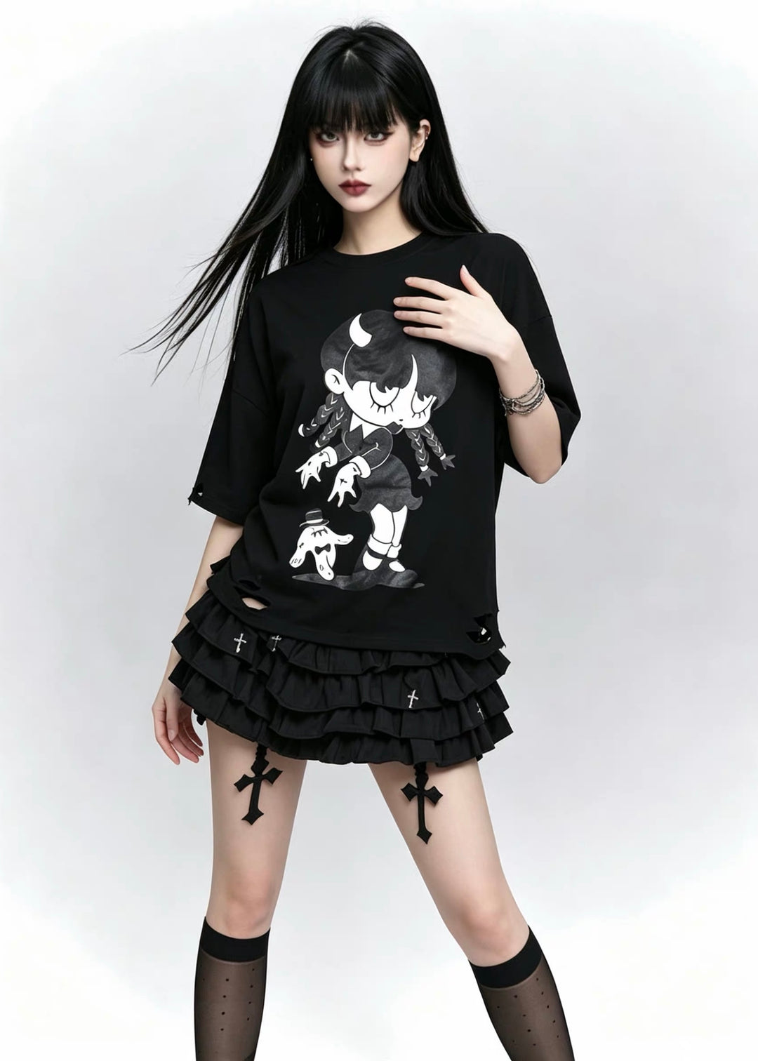DARK DEMON GIRL PRINT OVERSIZE T-SHIRT / LG1632