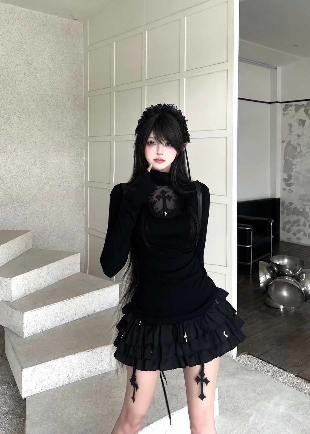 cross turtleneck slim fit &amp;amp; cross gothic ballet skirt / LG1187