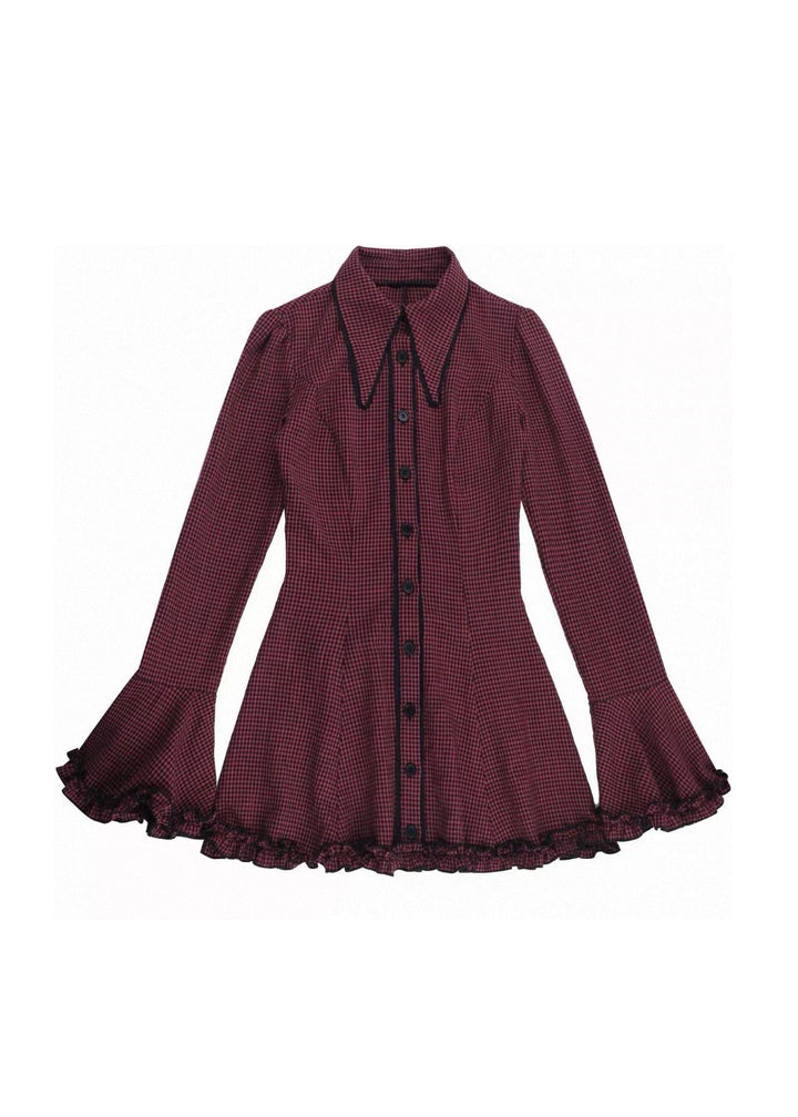 Flare Sleeve Check Shirt Dress / LG1518