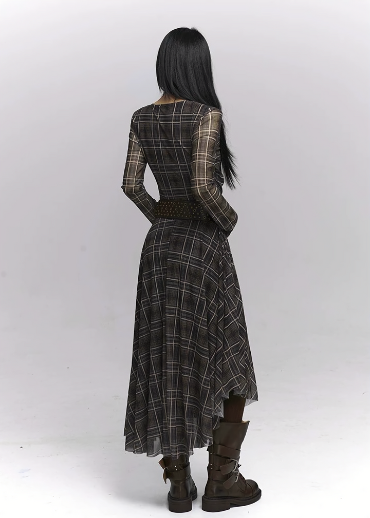 Asymmetry Check Long Dress / lg1337 