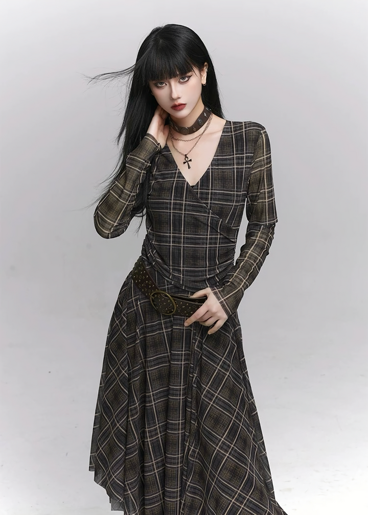 Asymmetry Check Long Dress / lg1337 