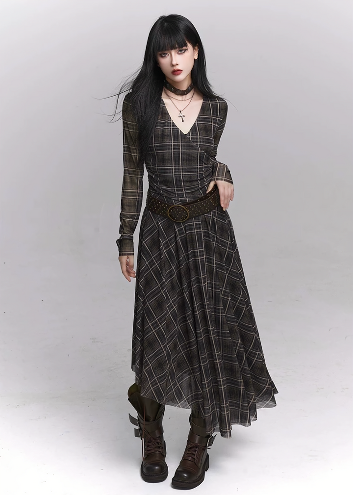 Asymmetry Check Long Dress / lg1337