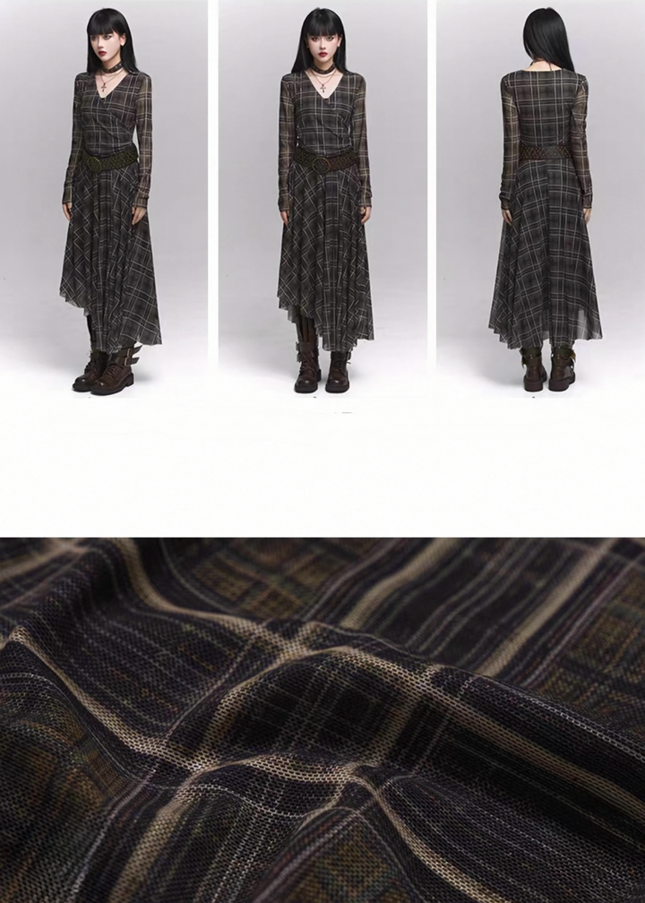Asymmetry Check Long Dress / lg1337