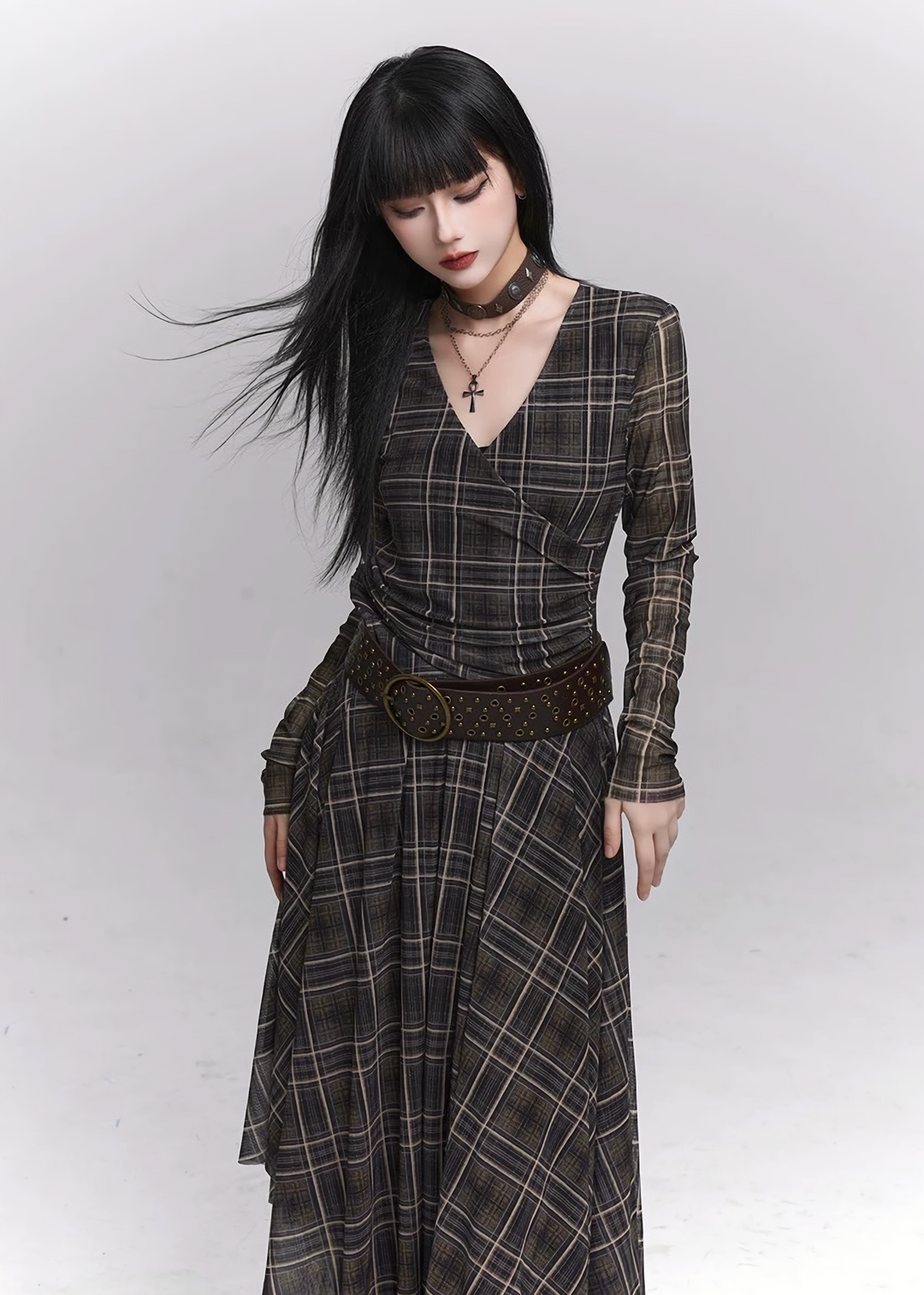 Asymmetry Check Long Dress / lg1337