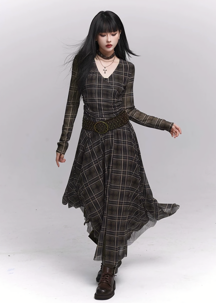 Asymmetry Check Long Dress / lg1337