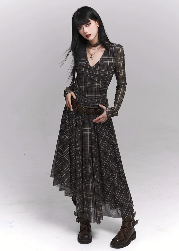 Asymmetry Check Long Dress / lg1337 