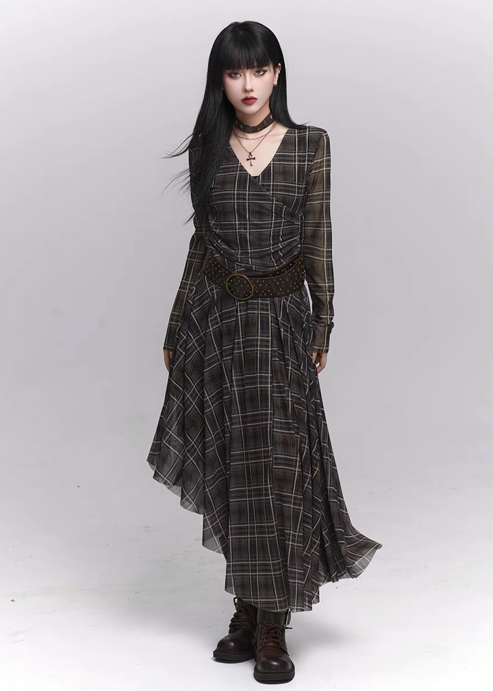 Asymmetry Check Long Dress / lg1337