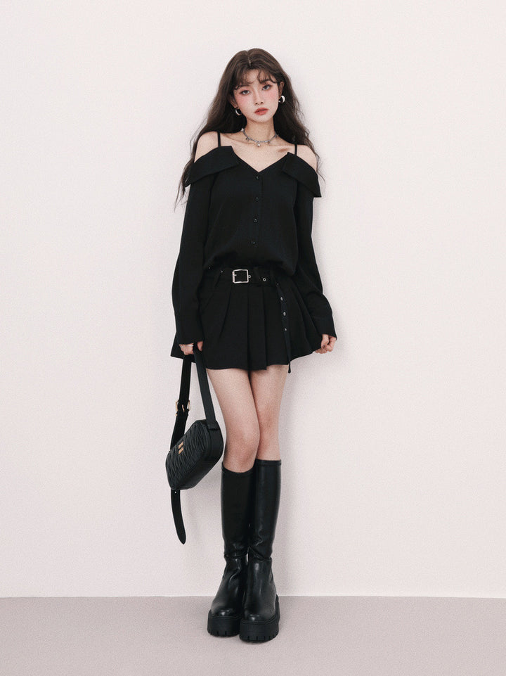 suspender off shoulder mini dress / mu1126