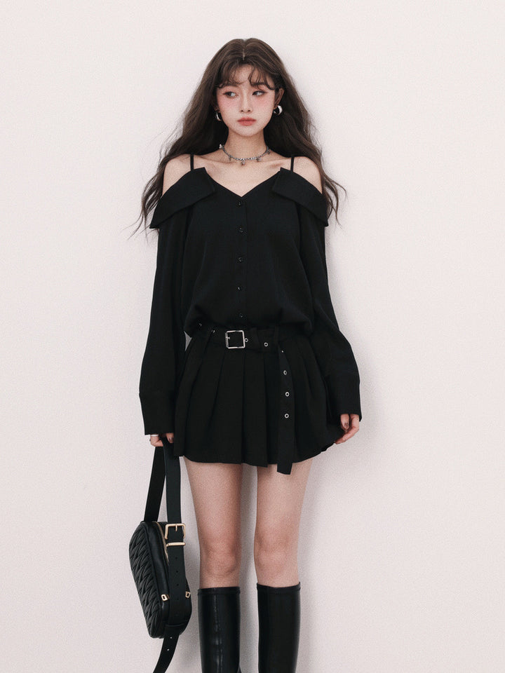 suspender off shoulder mini dress / mu1126