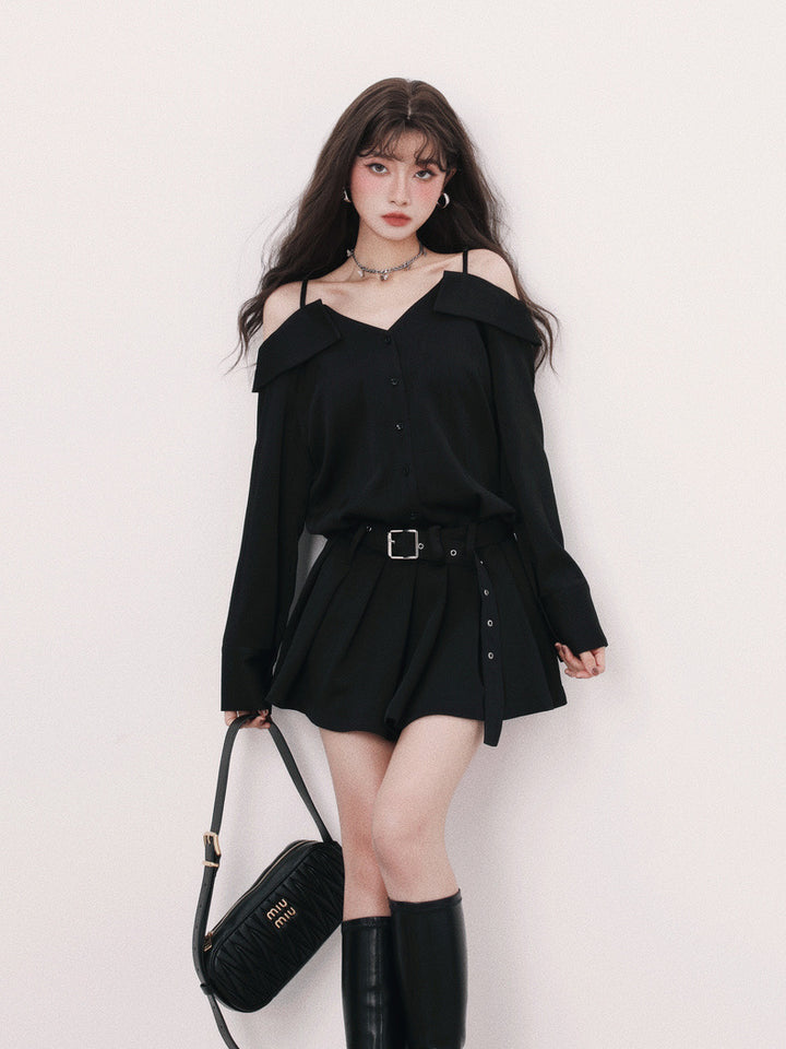 suspender off shoulder mini dress / mu1126