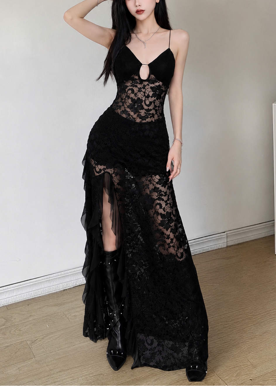 DARK SHEER LACE SLIP DRESS / LG1645