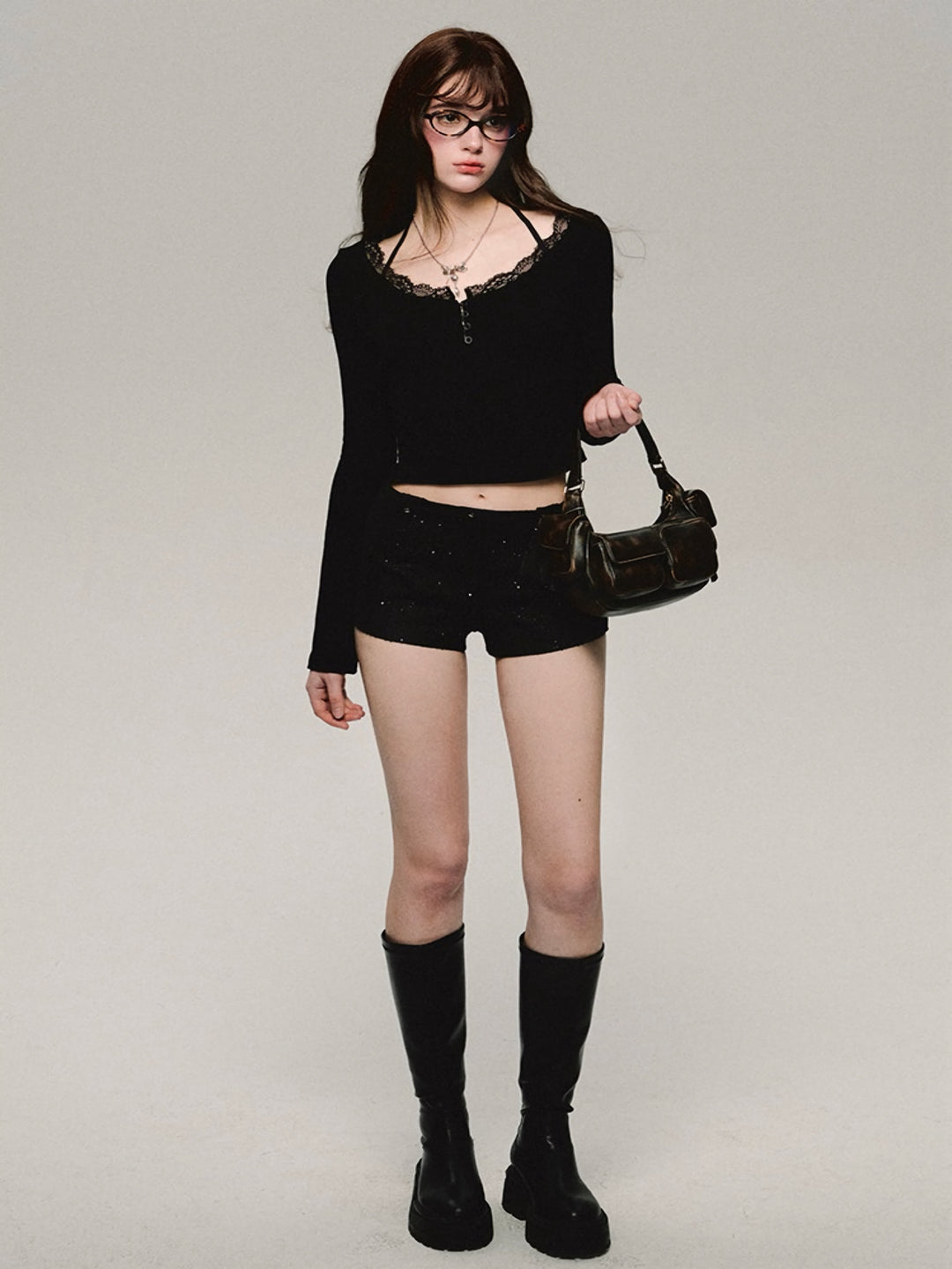 black sequin tweed micro short pants/oa1001