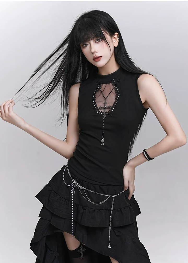 Pearl and cross motif gothic lace camisole / LG1300