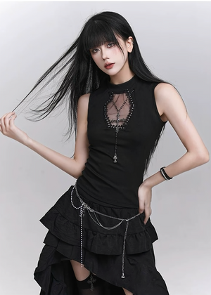 Pearl and cross motif gothic lace camisole / LG1300