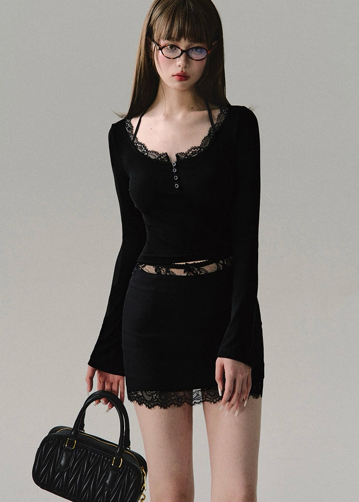 Knit micro bell sleeve bottoming shirt/oa1108&low waist lace skirt/oa1109