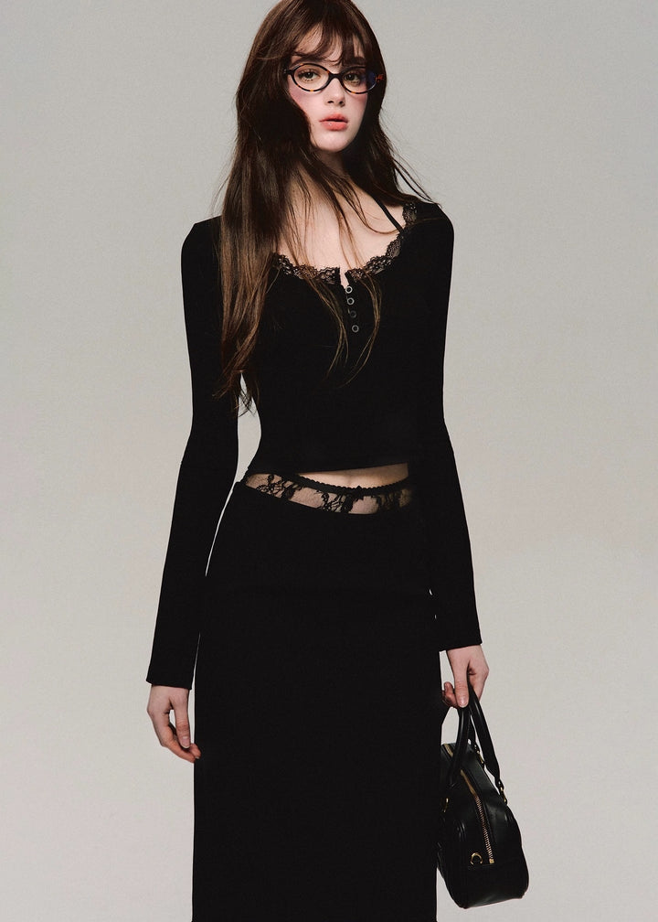 Knit micro bell sleeve bottoming shirt/oa1108&low waist lace skirt/oa1109