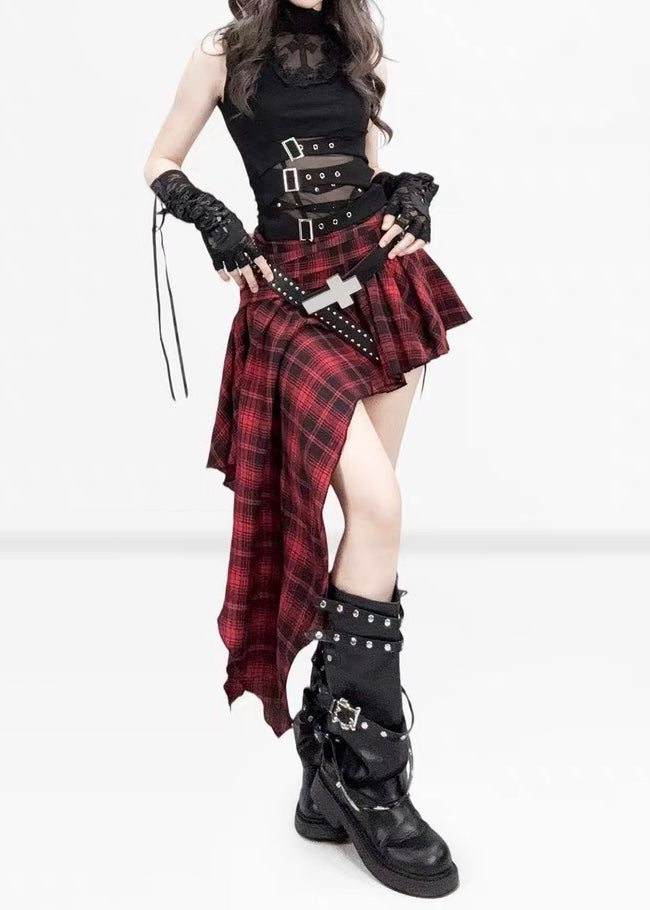 RED PLAID ASYMMETRY SKIRT / LG1617