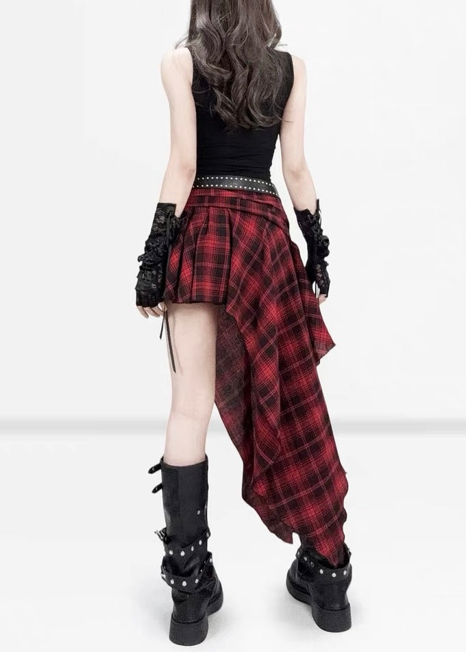 RED PLAID ASYMMETRY SKIRT / LG1617
