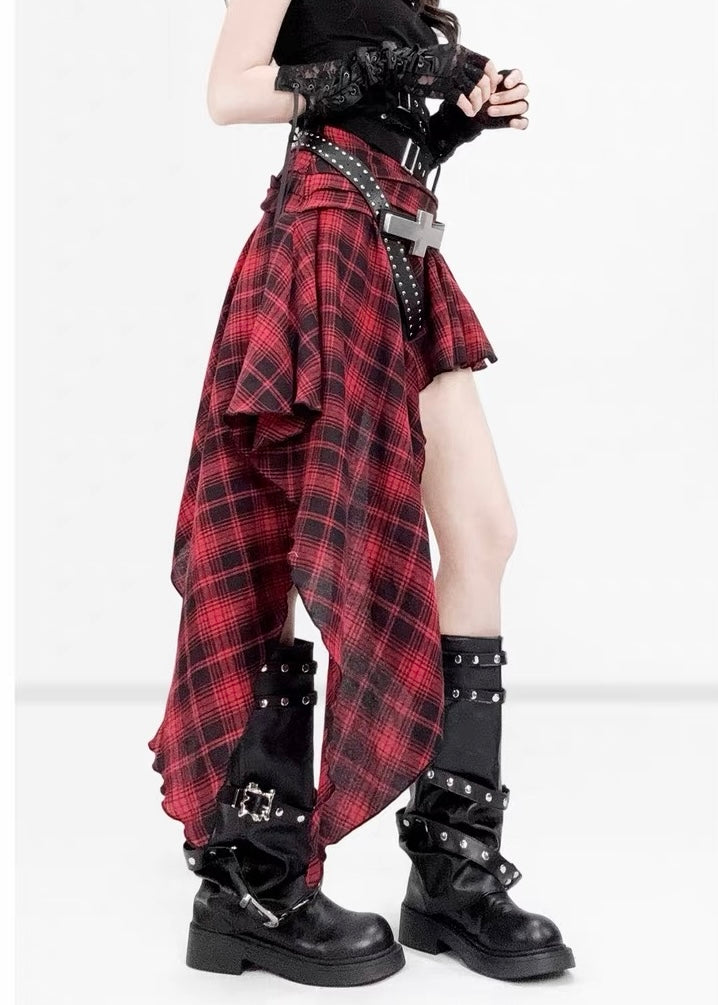 RED PLAID ASYMMETRY SKIRT / LG1617