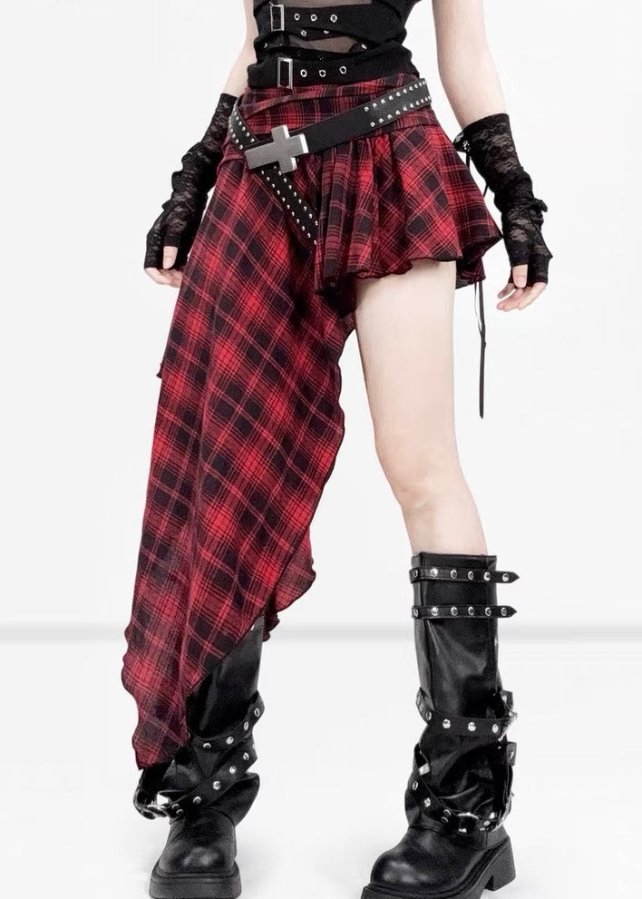 RED PLAID ASYMMETRY SKIRT / LG1617