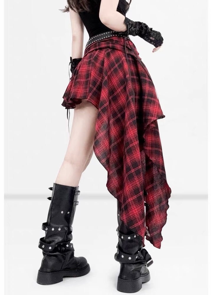 RED PLAID ASYMMETRY SKIRT / LG1617