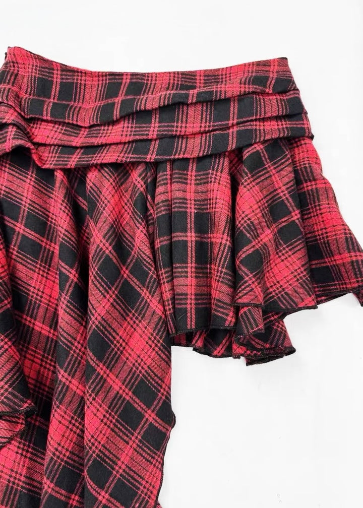 RED PLAID ASYMMETRY SKIRT / LG1617