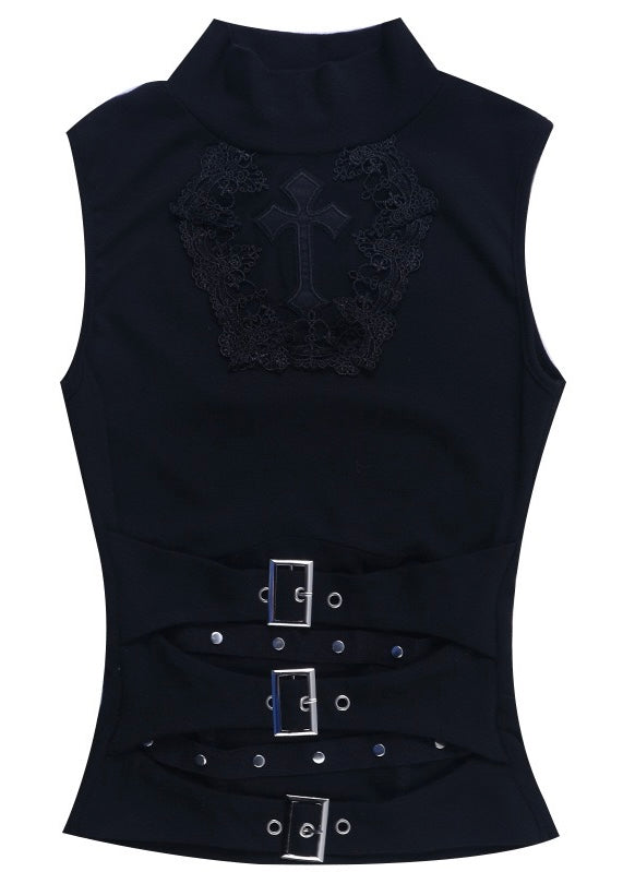 GOTHIC CROSS BUCKLE CUTOUT TOP / LG1616