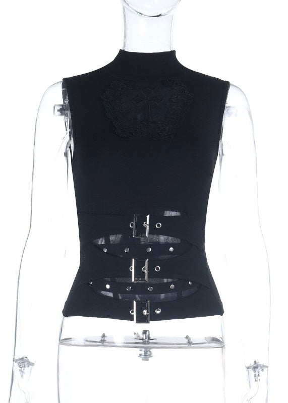 GOTHIC CROSS BUCKLE CUTOUT TOP / LG1616