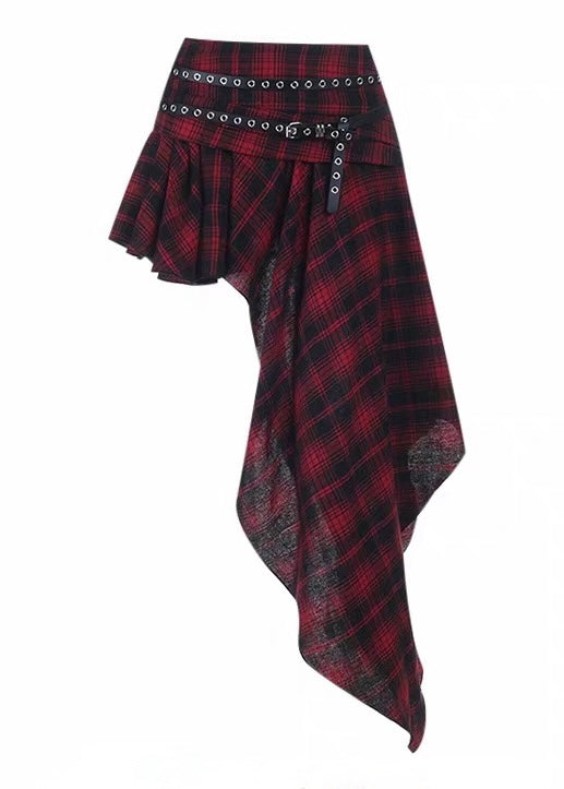 RED PLAID ASYMMETRY SKIRT / LG1617