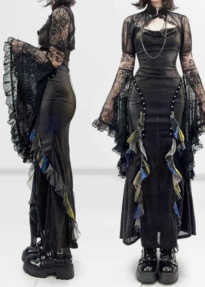 HALTER FISHTAIL MAXI DRESS / LACE CARDIGAN / LG1745