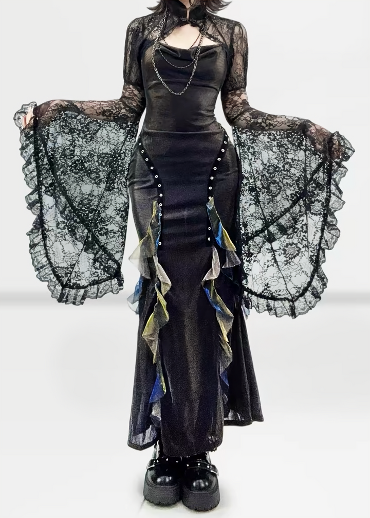 HALTER FISHTAIL MAXI DRESS / LACE CARDIGAN / LG1745