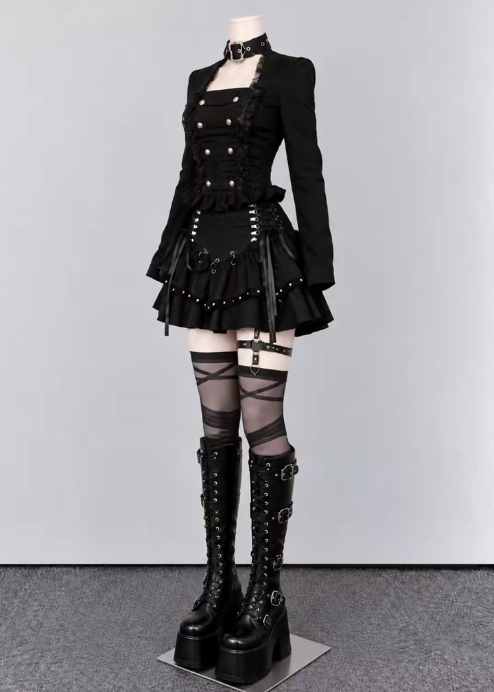 CHOKER DOUBLE BUTTON TOP / LACE-UP TIERED MINI SKIRT / LG1746
