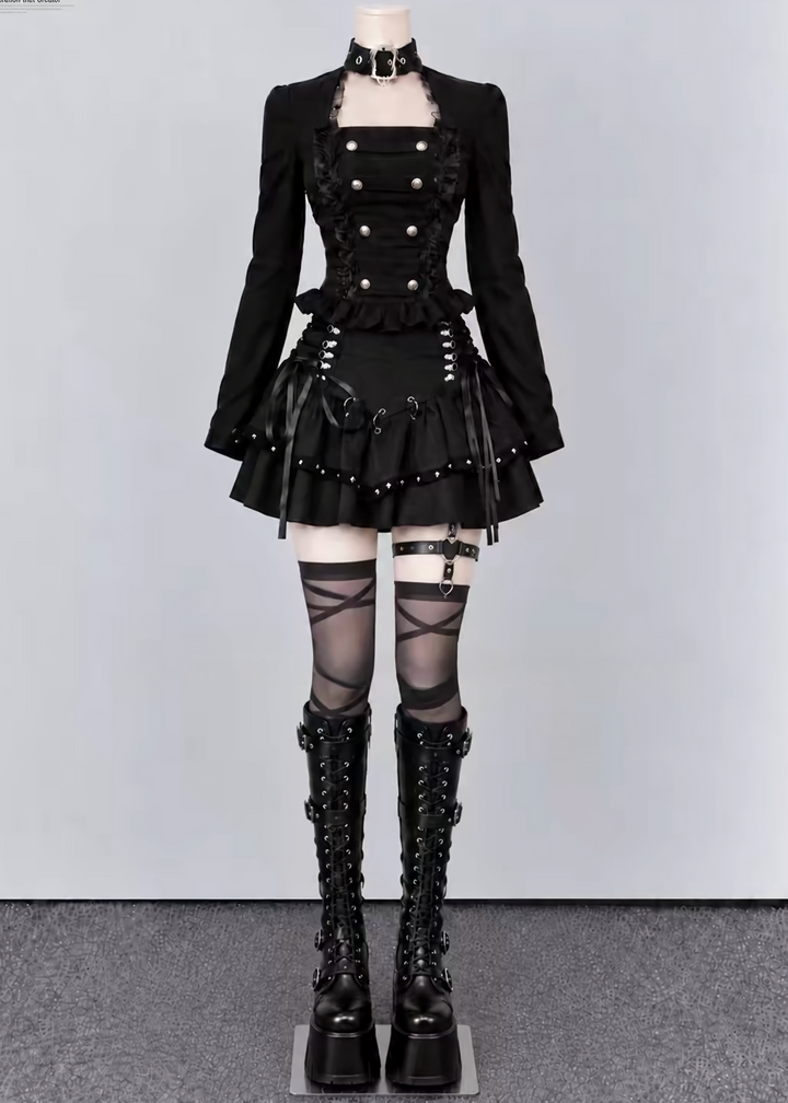 CHOKER DOUBLE BUTTON TOP / LACE-UP TIERED MINI SKIRT / LG1746
