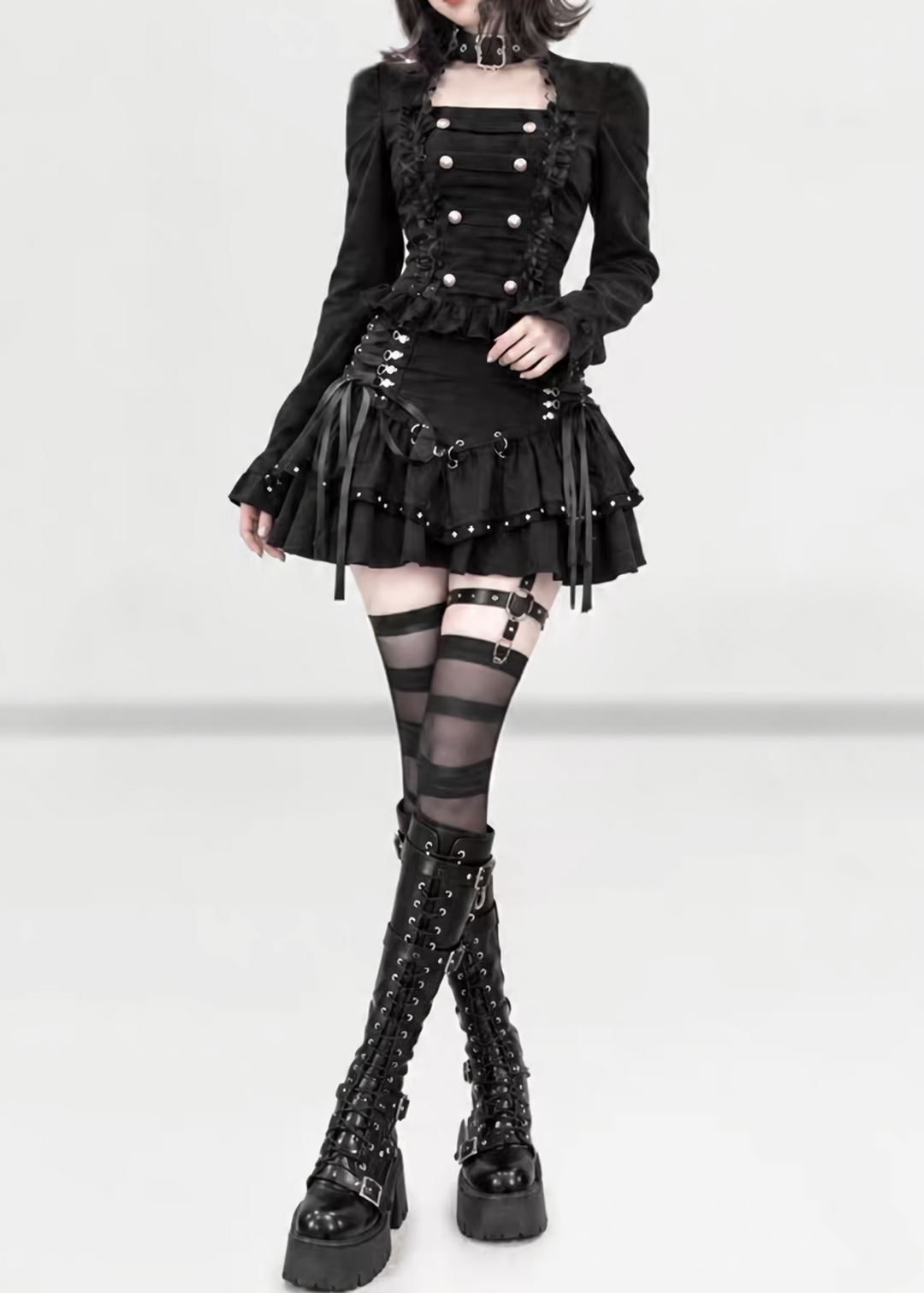 CHOKER DOUBLE BUTTON TOP / LACE-UP TIERED MINI SKIRT / LG1746
