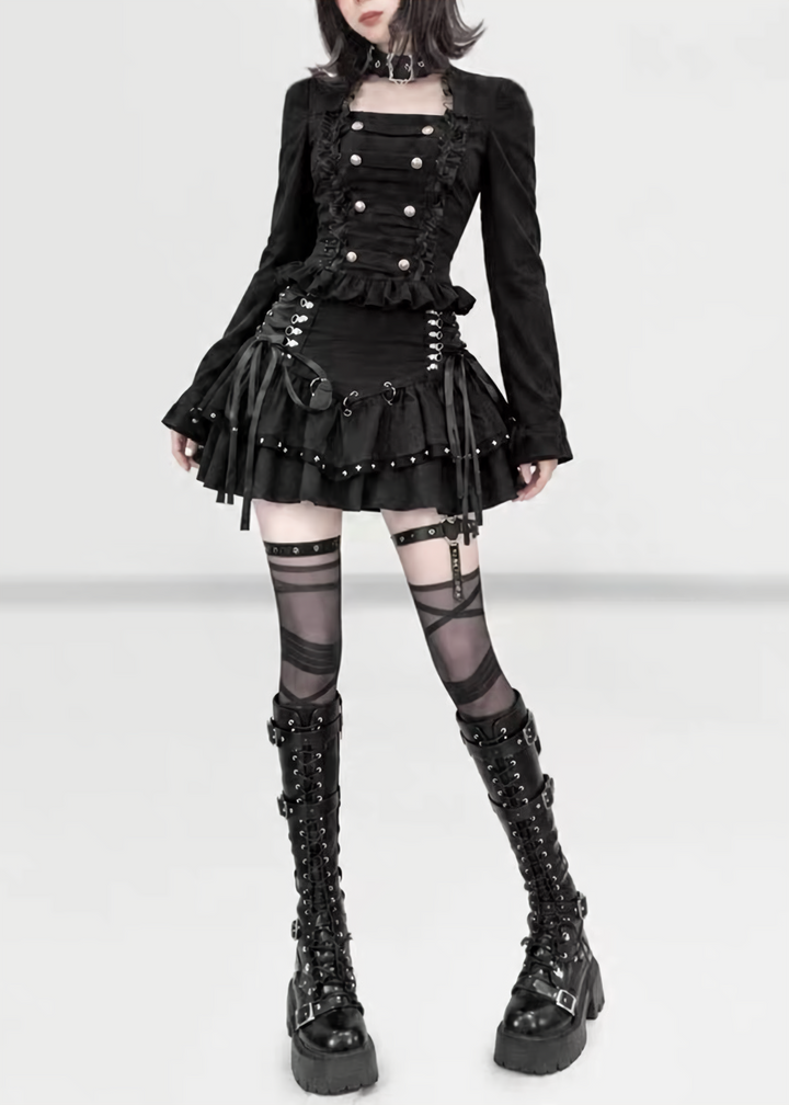 CHOKER DOUBLE BUTTON TOP / LACE-UP TIERED MINI SKIRT / LG1746