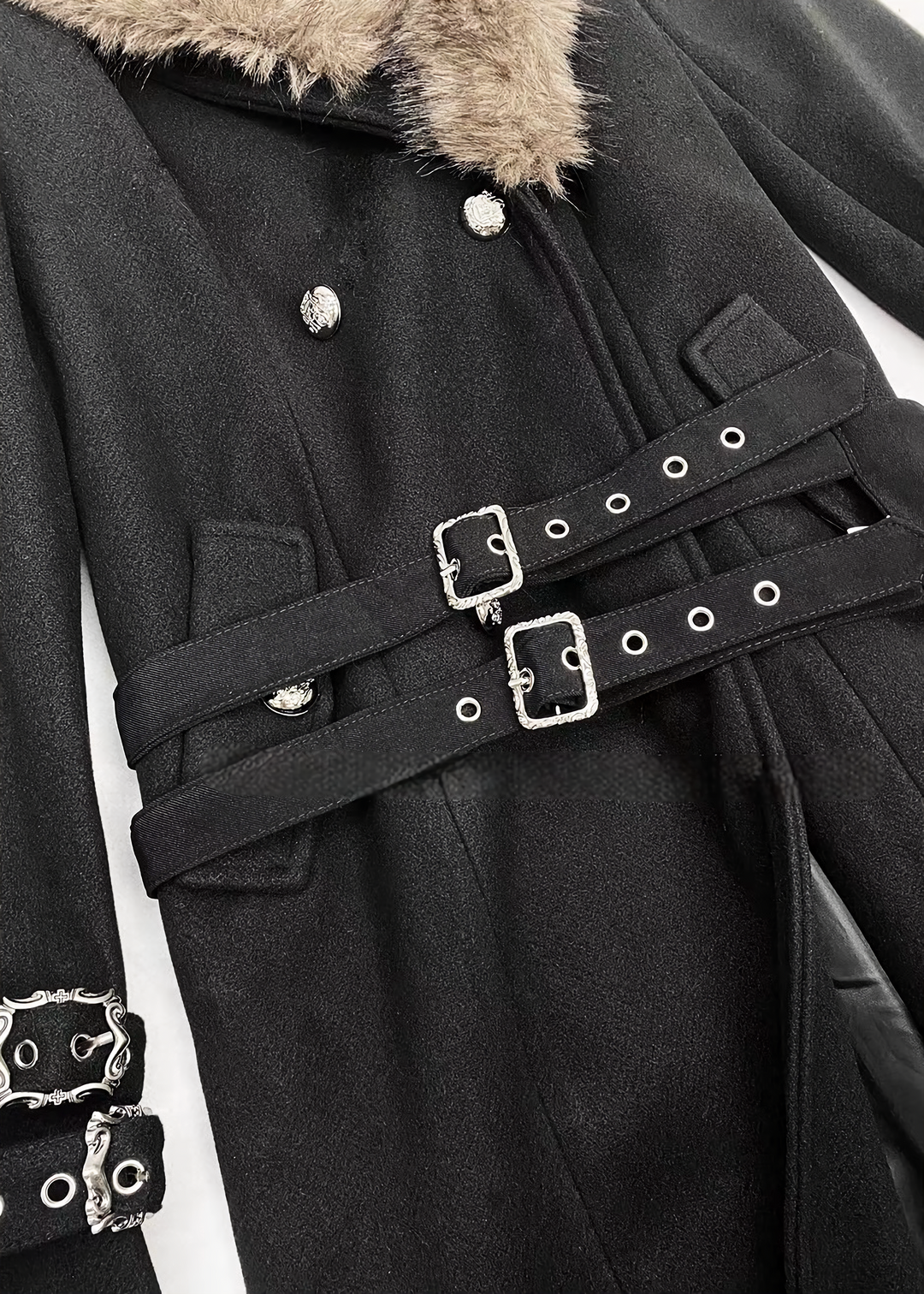 FUR COLLAR BELTED LONG COAT / LG1747