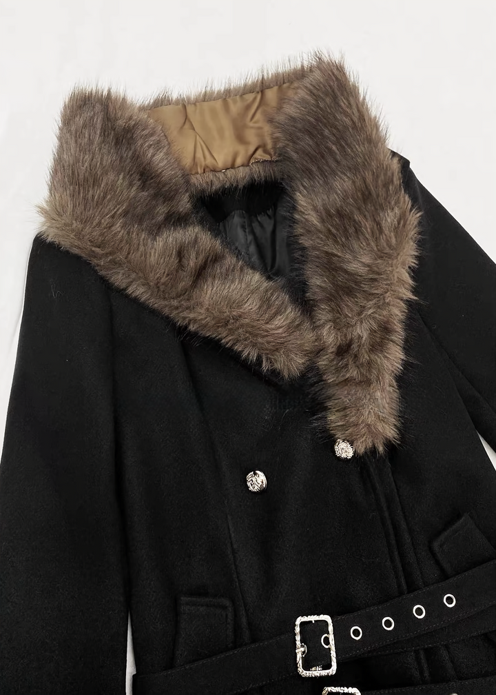FUR COLLAR BELTED LONG COAT / LG1747