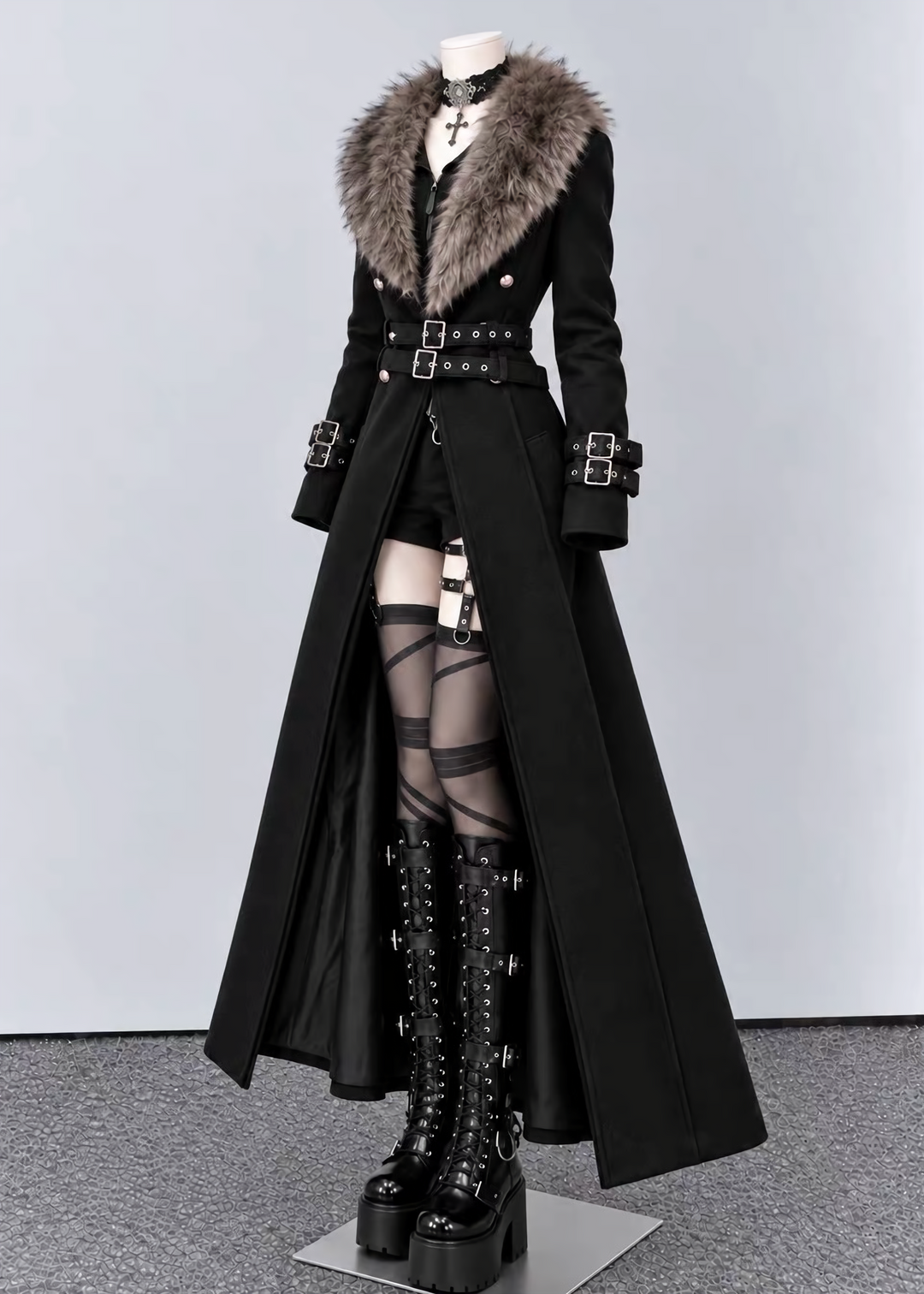FUR COLLAR BELTED LONG COAT / LG1747