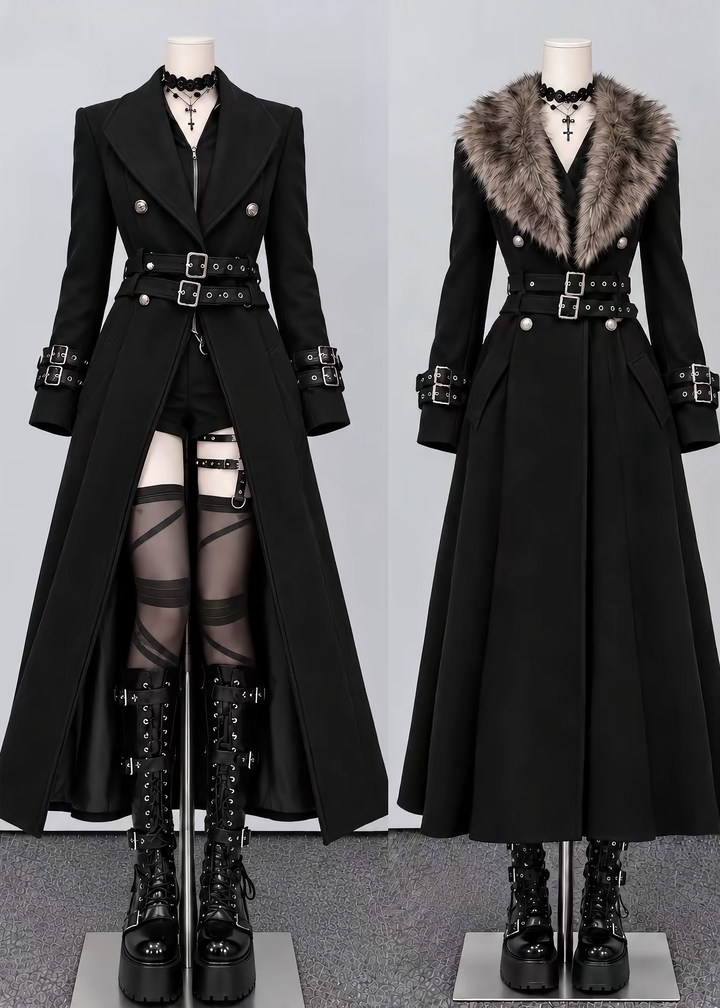 FUR COLLAR BELTED LONG COAT / LG1747