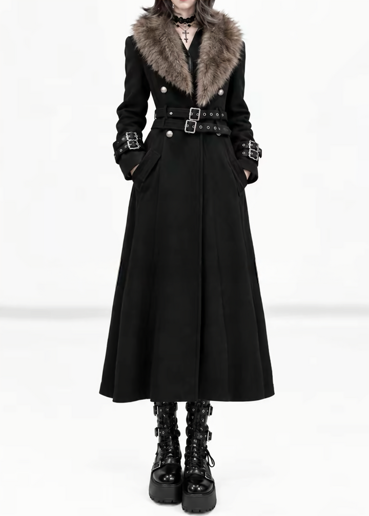 FUR COLLAR BELTED LONG COAT / LG1747