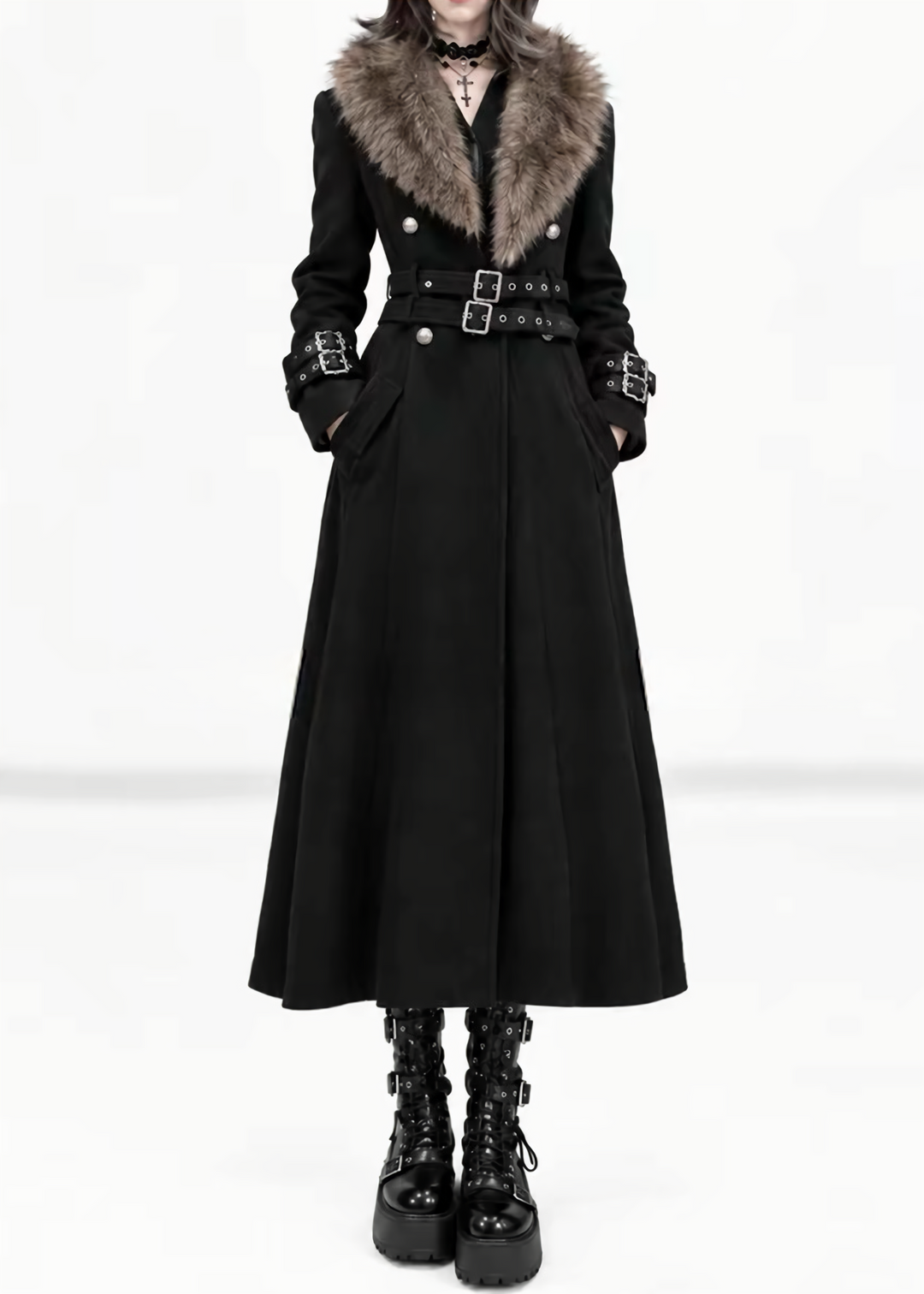 FUR COLLAR BELTED LONG COAT / LG1747