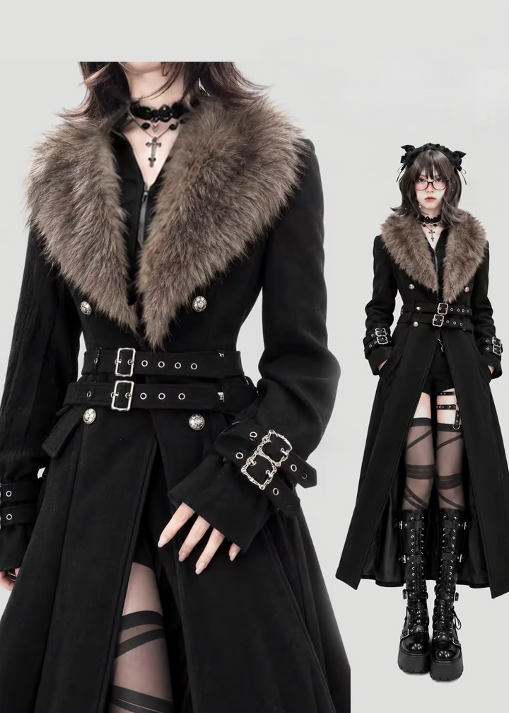 FUR COLLAR BELTED LONG COAT / LG1747