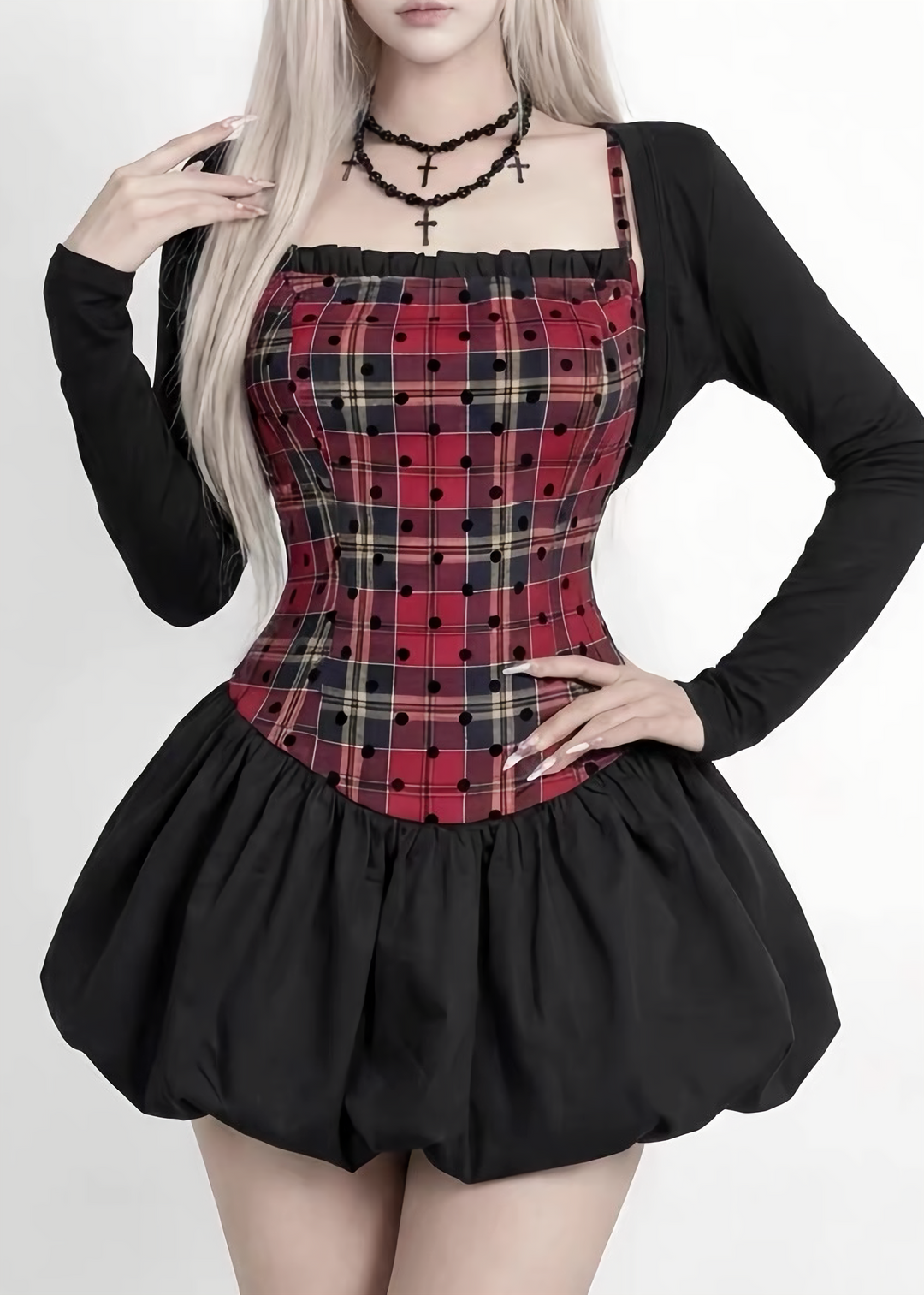 PLAID CORSET WAIST BALLOON DRESS / CROPPED BOLERO / LG1748