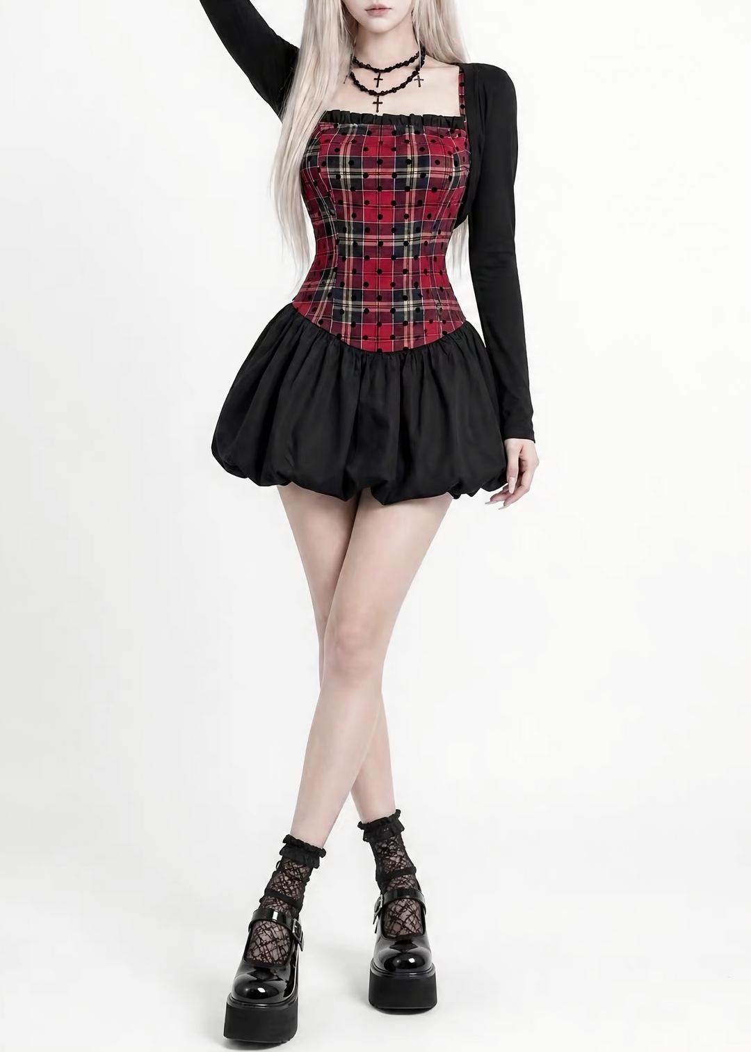 PLAID CORSET WAIST BALLOON DRESS / CROPPED BOLERO / LG1748