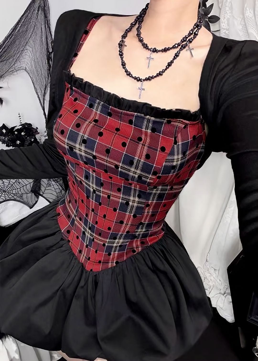 PLAID CORSET WAIST BALLOON DRESS / CROPPED BOLERO / LG1748