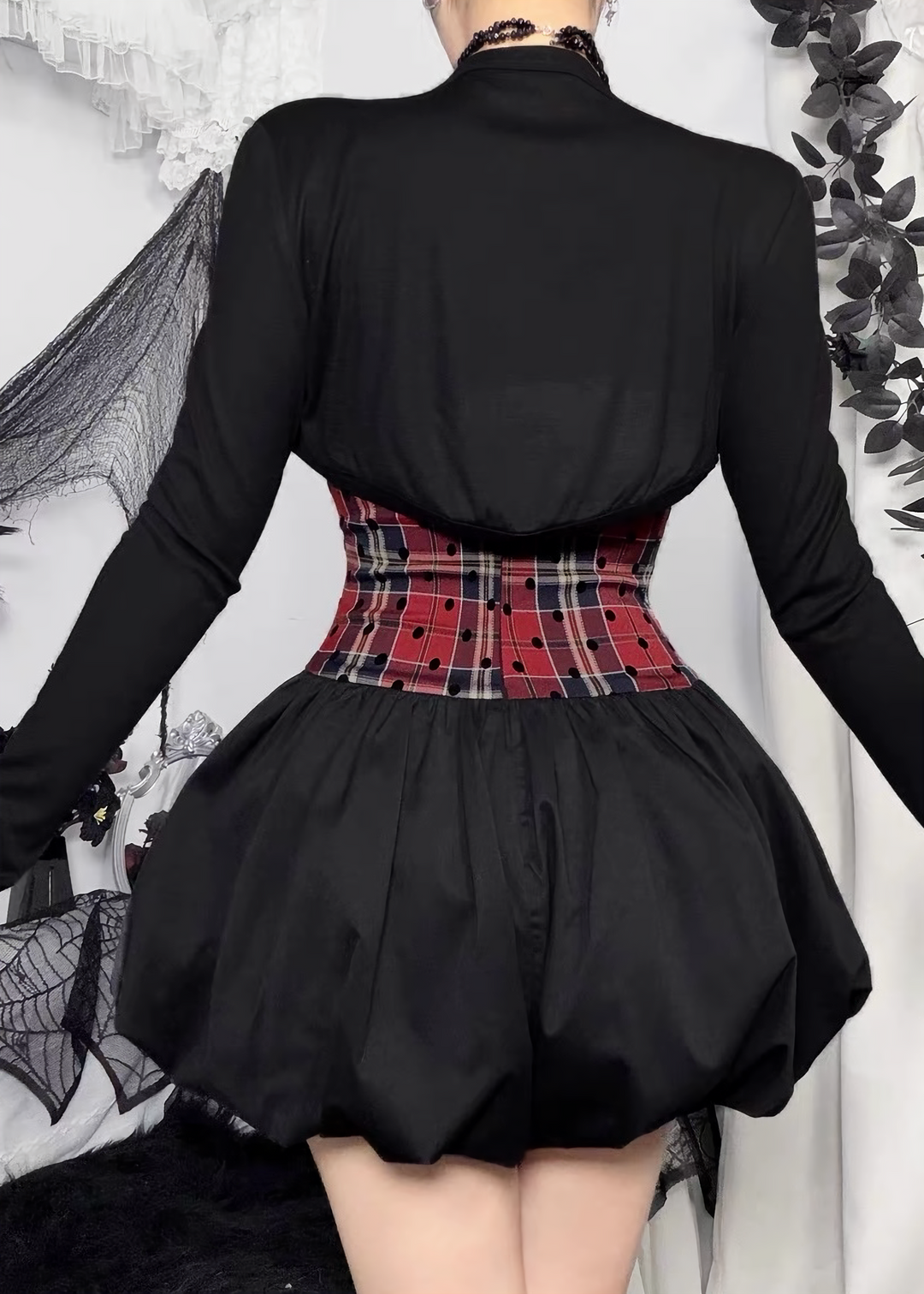 PLAID CORSET WAIST BALLOON DRESS / CROPPED BOLERO / LG1748