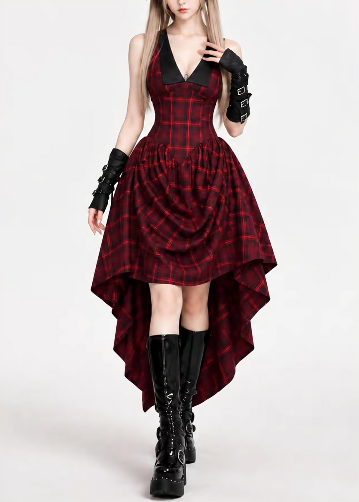 PLAID HIGH-LOW A-LINE DRESS / LG1749